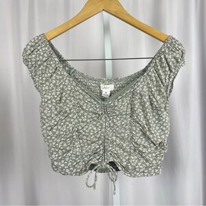Japna Medium Ciottagecore Smocked Floral Retro Ruched Crop Top Olive Green